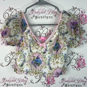 Sugar Thrillz dolls kill cropped top bows roses blue Floral Puff Sleeve Blouse